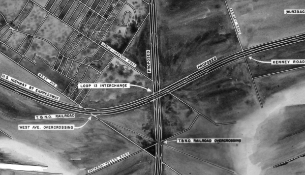 Snippet of 1953 plan for routing of US 87 (I-10) in the vicinity Loop 13 (Loop 410)